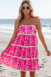 Floral Print Ric Rac Patched Sleeveless Mini Dress OutfitFlow